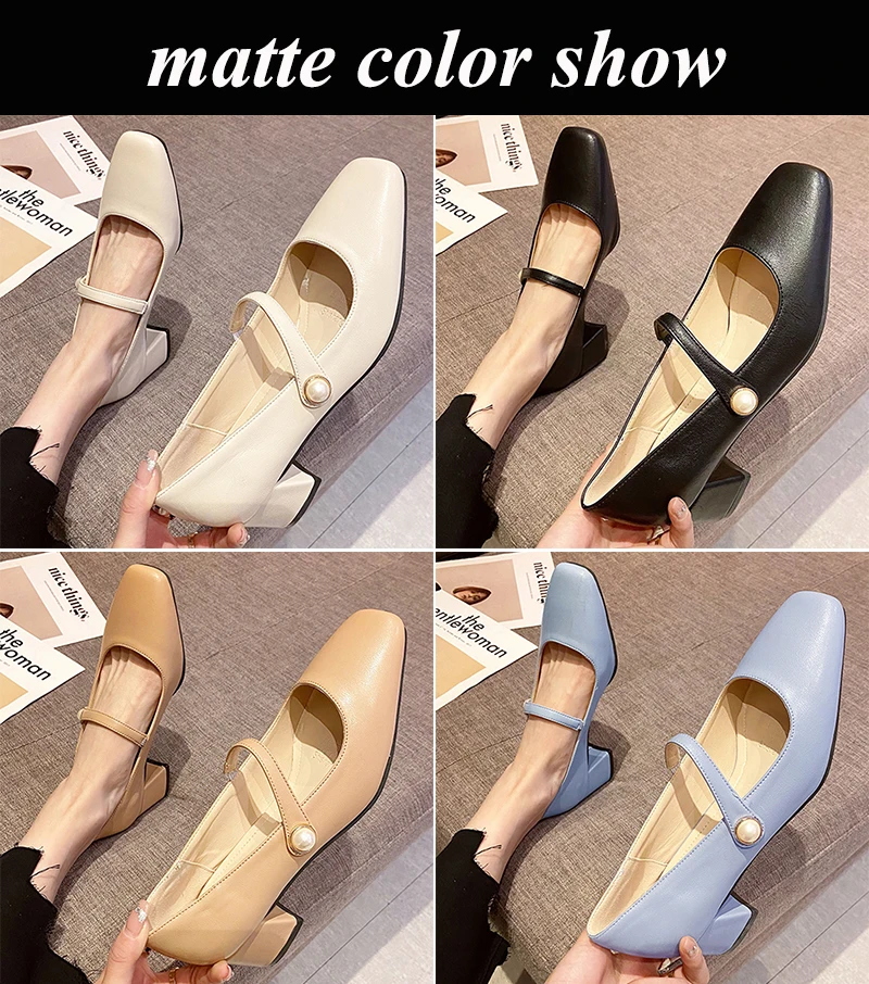 Solid Color Med Heels Mary Jane Shoes for Women Elegant Square Toe Patent Leather Shoes Woman 2022 Spring Autumn Shallow Pumps