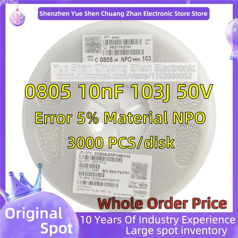 

【 Whole Disk 3000 PCS 】2012 Patch Capacitor 0805 10nF 103J 1000V 1KV Error 5% Material NPO/COG Genuine capacitor