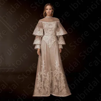 Customized Unique Champagne Evening Dresses Arabic Prom Gowns Lace Long Sleeves Wedding Guest Dresses High Neck Illusion Back 1