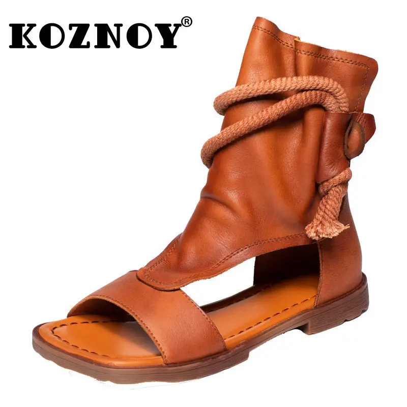 Koznoy 여성용 진짜 가죽 핍 토 샌들, 중공 부츠, 플랫폼 웨지 앵클 부츠, ..