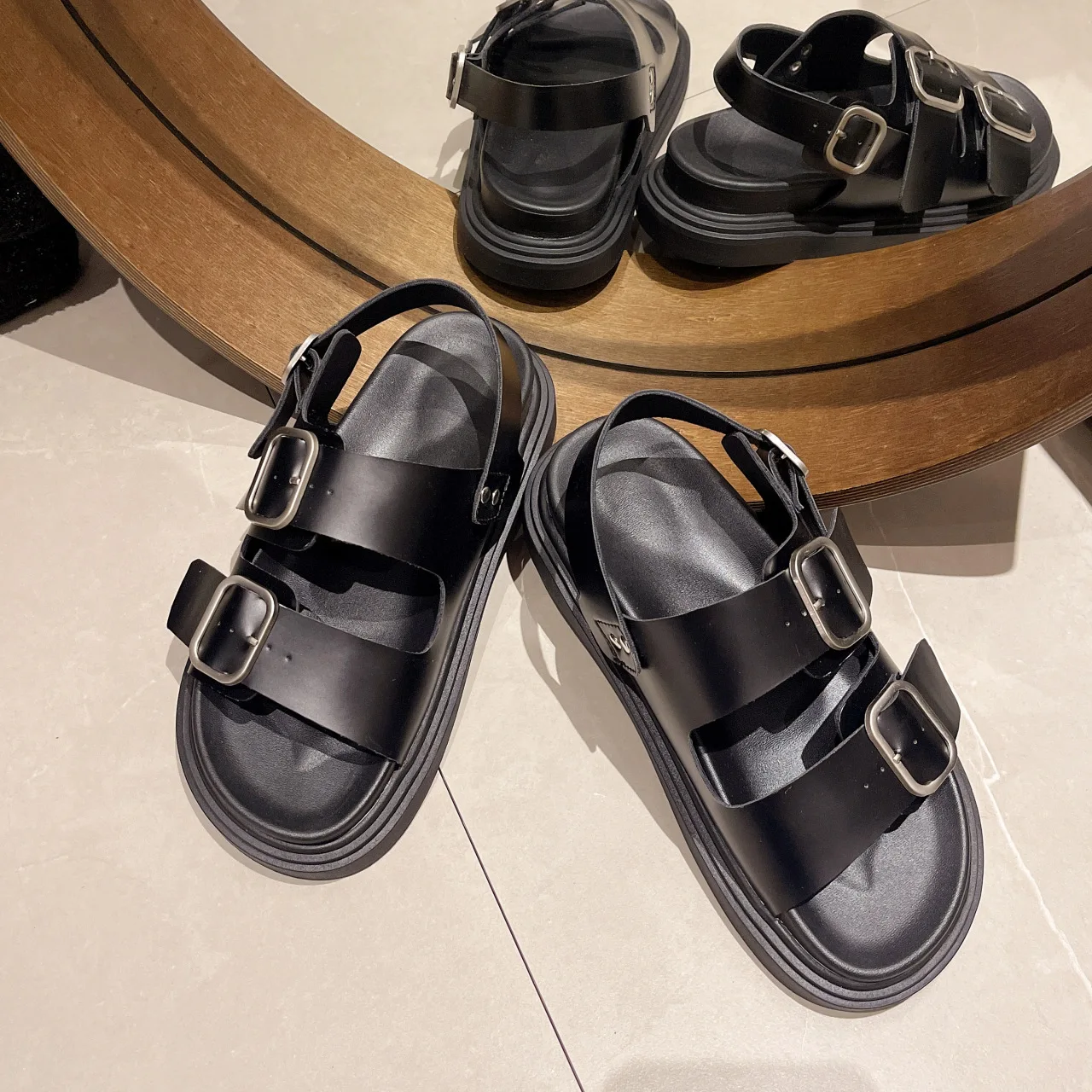 صنادل كعب سميك على الطراز الروماني للنساء صيفية را...