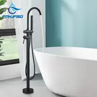 FMHJFISD Black Bathtub Faucet Floor Mounted Free Standing Bathtub Shower Mixer Taps Hot Cold Water Bathroom Crane Swivel Spout 1