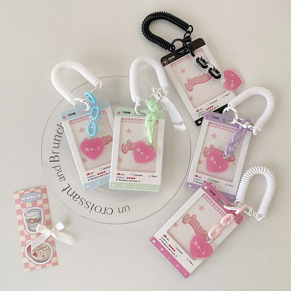 Heart Pendant Photo Card Holder Anti-lost Keychain 3 Inch Idol Photocard Stand Protective Case Bag Student ID Badge Holder