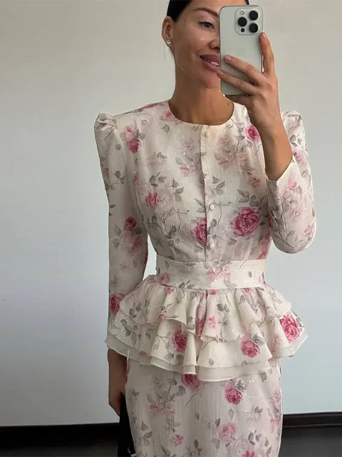 Elegant Print Skirts Set Women With Belt O-neck Puff Sleeve Single Breast Top Slim Hip Package Midi Skirt 2025 Office Lady Suit 2