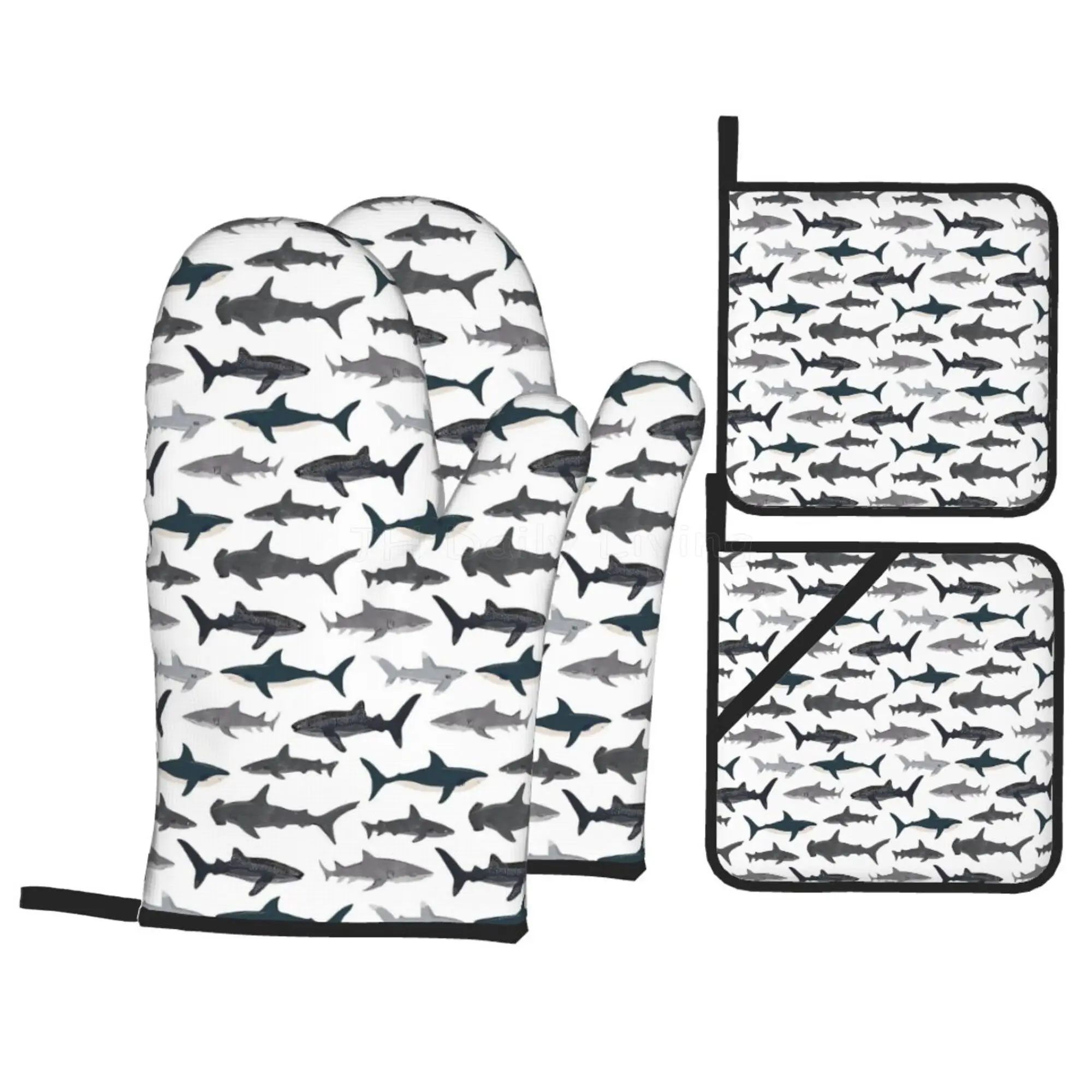 Ocean Whale Shark 4pcs Oven Mitts and Pot Holders Sets Heat Resistant Non Slip Kitchen Gloves Hot Pads with Inner Cotton Layer