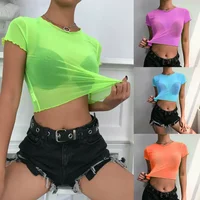 Fashionable Women's Solid Color Transparent Mesh Cropped T-shirt Bikini Beach Cover Up Polyester Leaflet Neck Short Sleeve