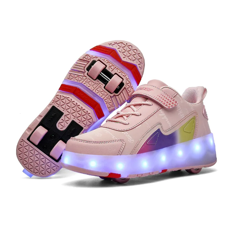 Children Four  Wheels Luminous Glowing Sneakers Black Pink Led Light Roller Skate Shoes Kids Led Shoes Boys Girls USB Charging