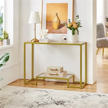 SmileMart 2-layer Modern Tempered Glass Console Table with Sturdy Metal Frame for Living Room Hallway, Gold 1