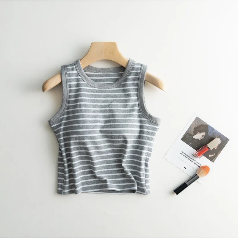 2024 Summer New Women's Tank Top Pajamas All Cotton with Chest Pads Tank Top with Stripe Sports Bottom Short Home Fur Ladies