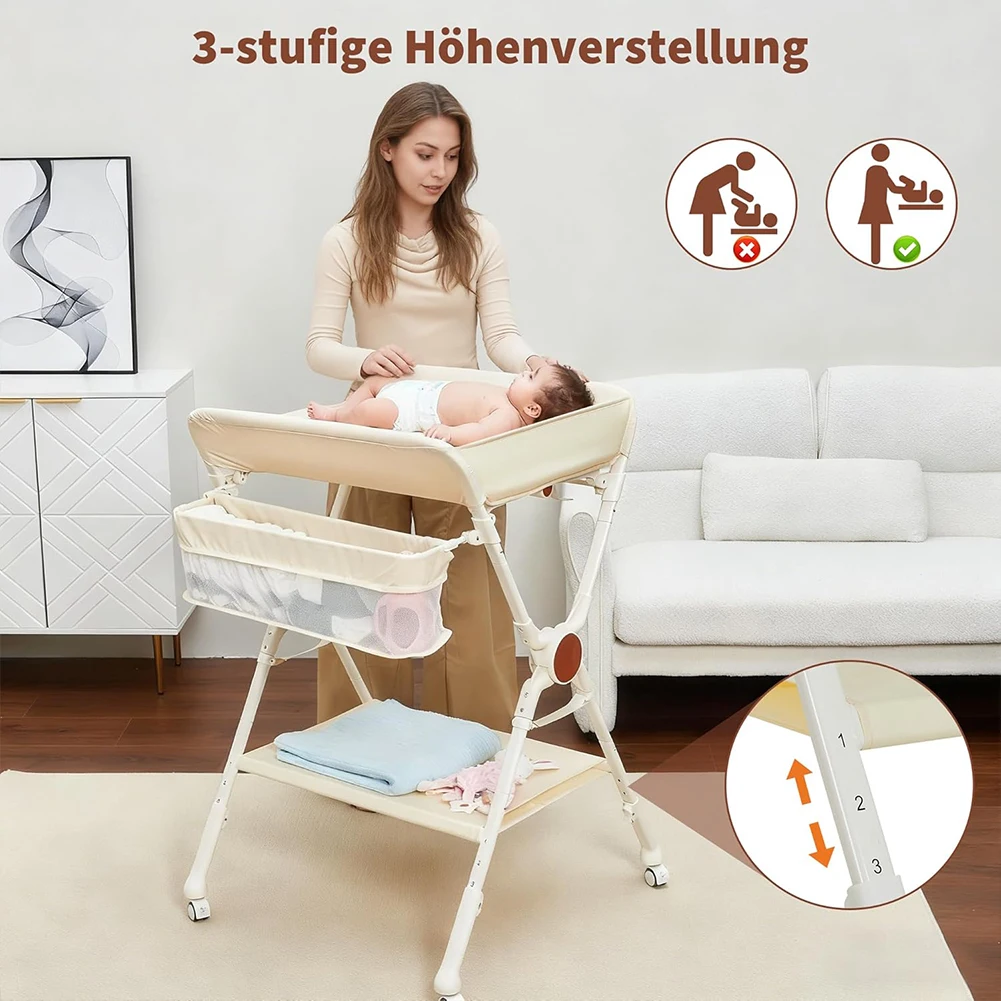 Wickeltisch mit Rollen, tragbare, höhenverstellbare und faltbare Wickelstation mit Organizer und Kleiderstange für – Detail 4