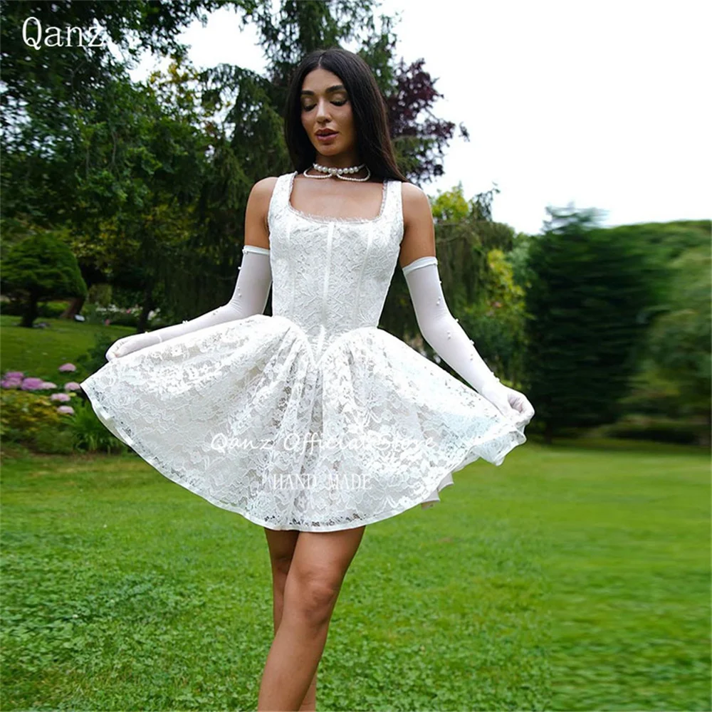 

Qanz White Full Lace Wedding Dress Appliques Sapghetti Straps Short A Line Party Dresses No Gloves Corset Vestidos Novias Boda