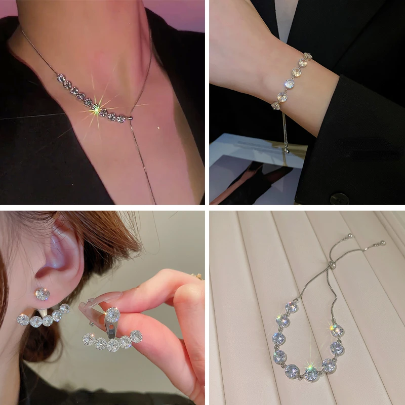 

Luxury Crystal Zircon Pull Out Adjustable Necklace Delicate Glitter Bracelet T Shaped Zircon Earrings Women's Wedding Jewelry
