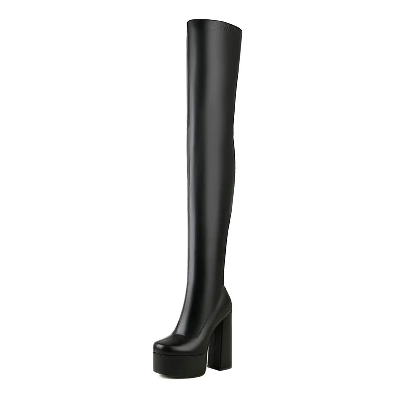 Women Over the Knee Boots Platform Square High Heel Ladies Long Boots PU Leather Round Toe Zipper Party Women's Shoes Black
