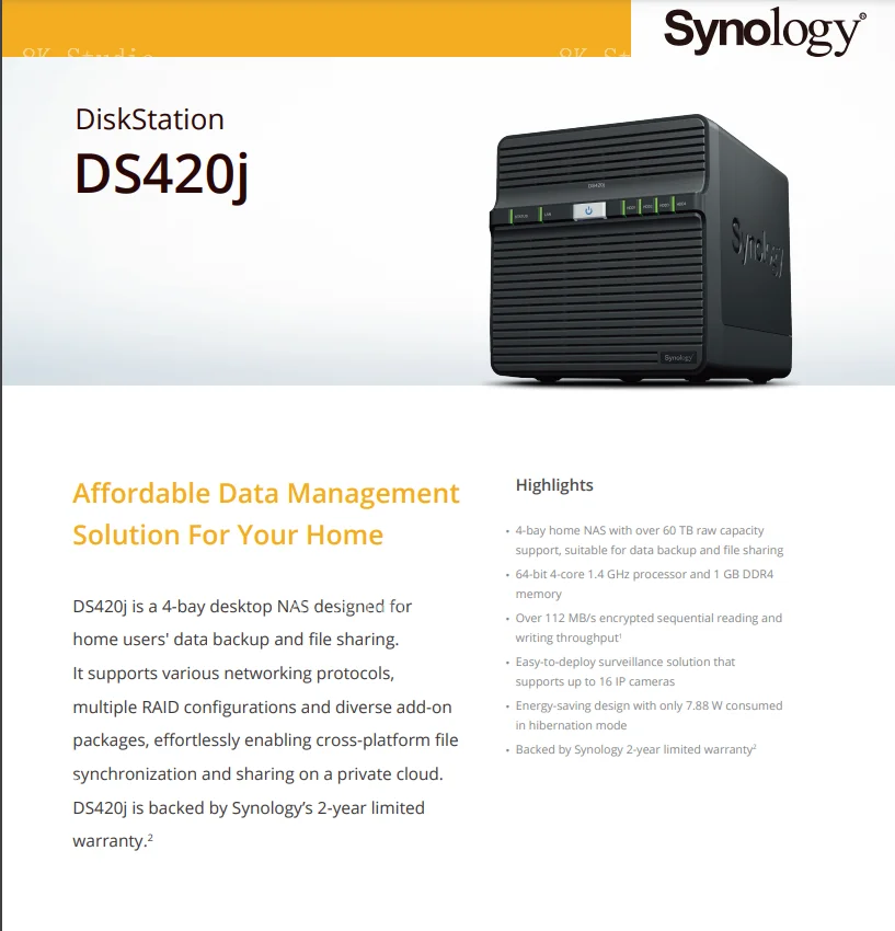 Synology DiskStation DS420j 4 Bay 4-Bay NAS 1GB of DDR4 RAM 1.4