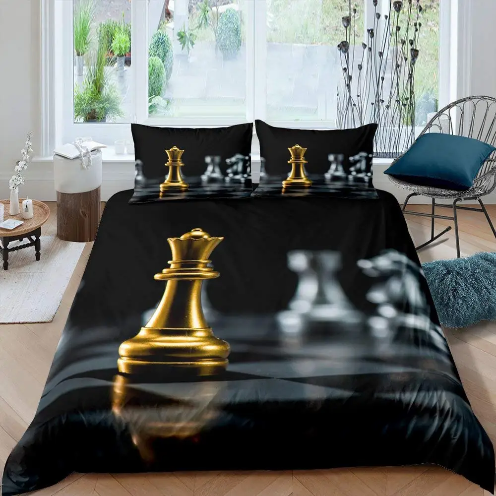 

International Chess Duvet Cover Set Queen Size Chess Lovers Bedding Set for Kids Adults Microfiber Black Base 2/3pcs Quilt Cover