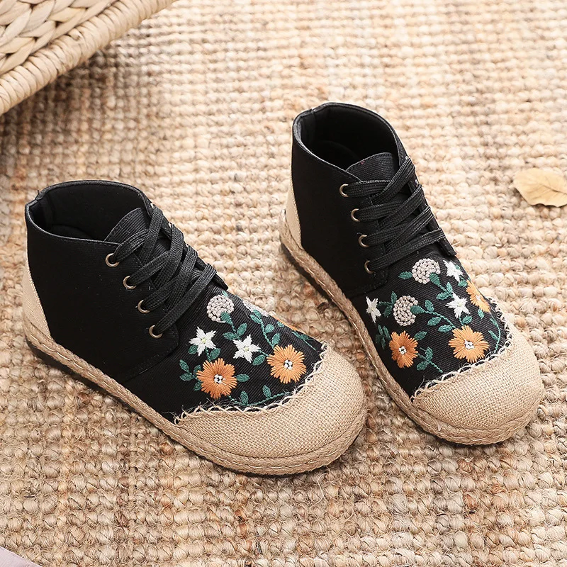Women Handmade Vintage Embroidered Flats Booties Shoes High Top Lace Up Canvas Sneakers Female Linen Casual Leisure Espadrilles
