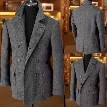 British Men's Blazers Vintage Herringbone Tweed Formal Jacket Wool Blend Double Breasted Casual Autumn Winter Suit Coat 1