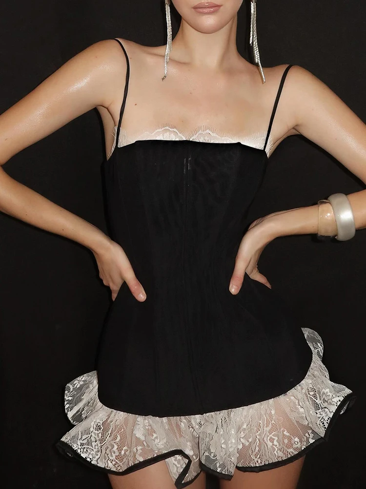 Nibber Mesh Patchwork Y2K Sexy Sweet Style Mini Dress Women Square Collar Contrast Ruched Hem Birthday Party Fashion Outfits