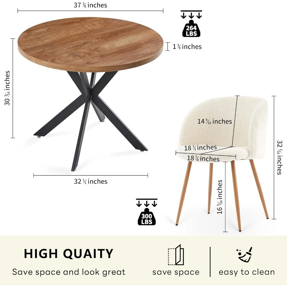 3 Pieces Dining Table Set for 2, Home Kitchen Round Dining Table with Thick Tabletop and 2 Upholstered Arm Chairs 6