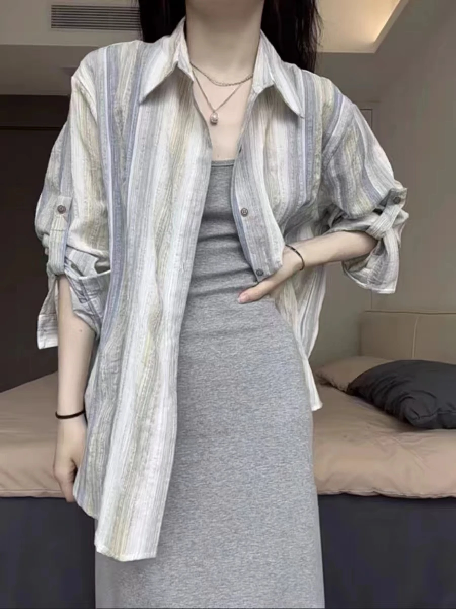 여성용 줄무늬 셔츠, 자외선 차단 가디건 탑, 빈티지 한국 시크 루즈 패션 스트리트웨어, 통기성 숙녀 상의, 2024 여름