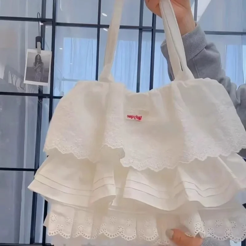 Charming Lace Trim Tote Bag for Women Spacious Layered Ruffle Shoulder Bag Fashionable Daily Commute Handbag