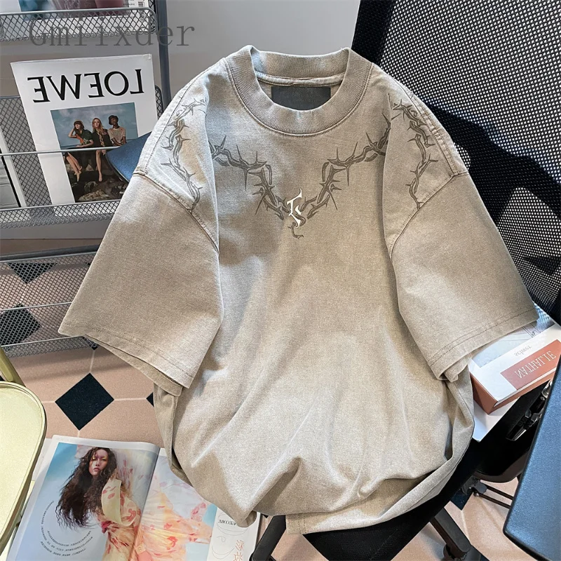 

Американский хип-хоп винтажная потертая старинная футболка для мужчин и женщин высококачественный топ в гонконгском стиле с вышивкой шипами и коротким рукавом