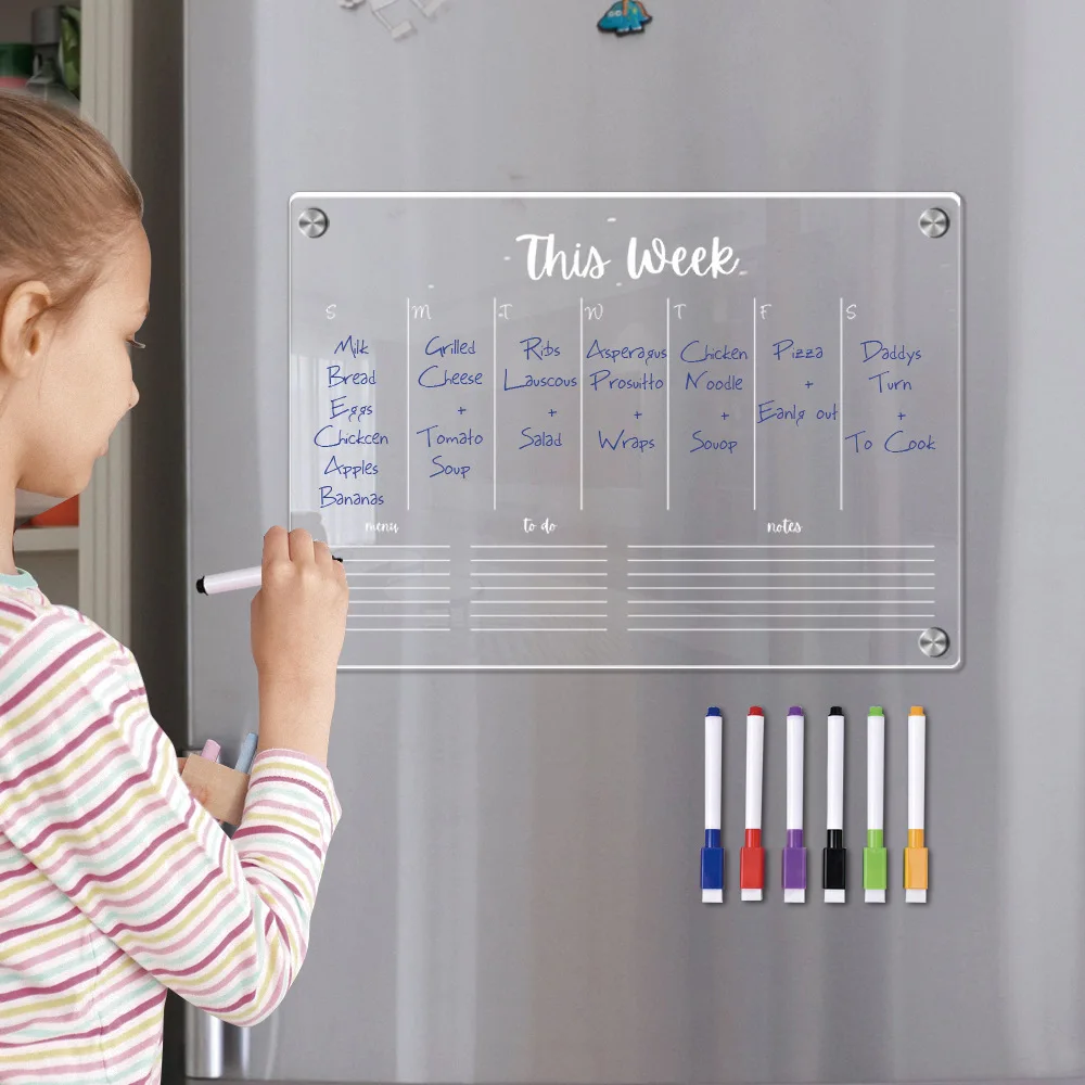 

Magnetic Acrylic Transparent Calendar for Fridge Dry Erase Weekly/Monthly Planner Memo Message Board Includes 6 Markers