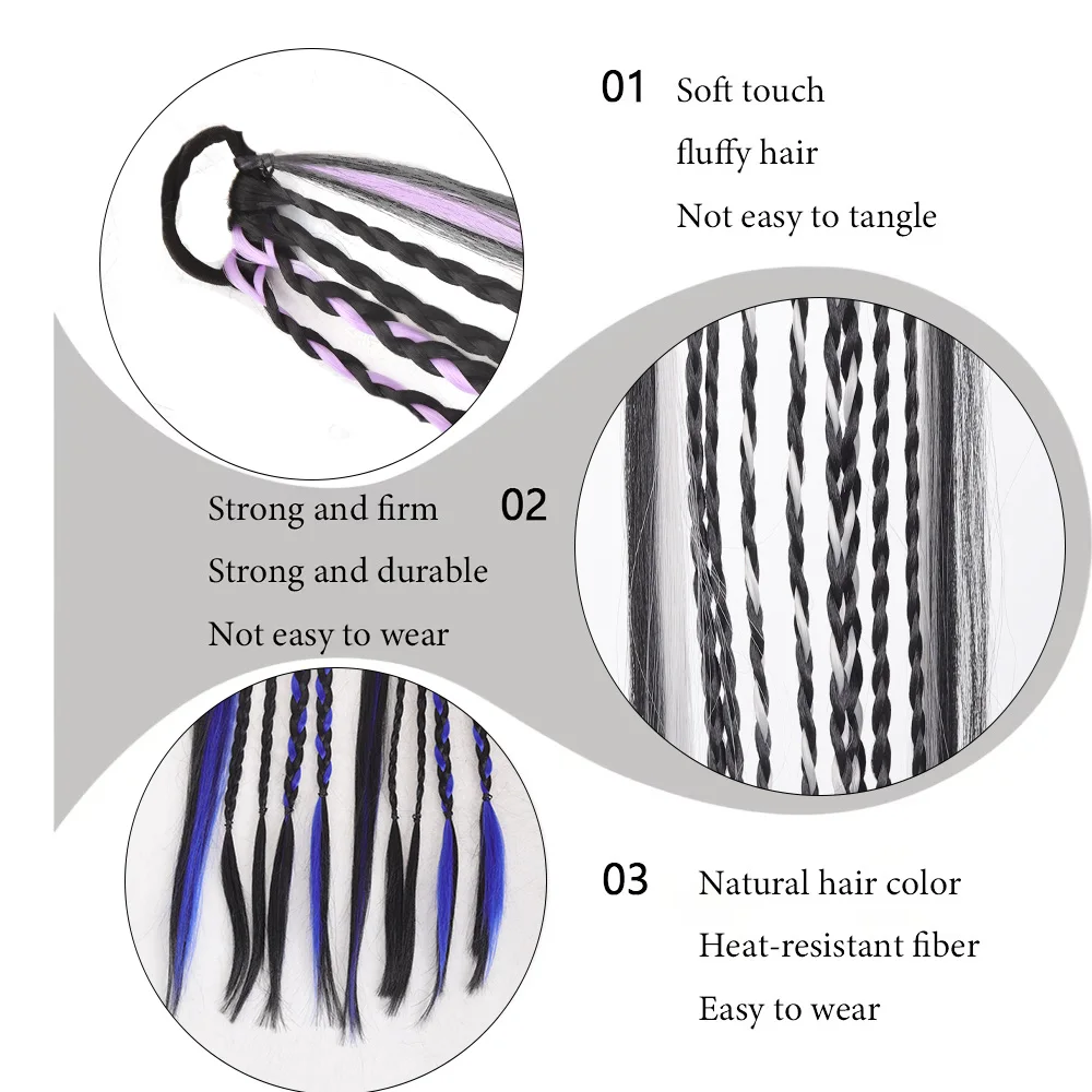 Extension per Coda di Cavallo Lunga Intrecciata, Estensioni di Capelli Sintetici, Treccine Colorate Rosso e Nero con Elastico, Accessorio per Capelli da Donna - immagine 3
