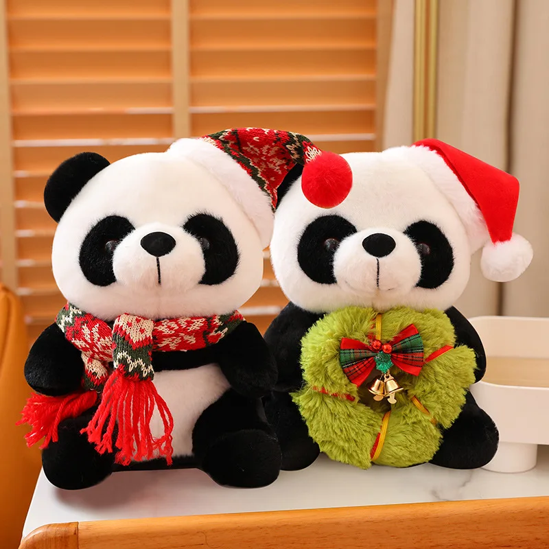 Kawaii Christmas Panda Stuffed Animals Plush Toys Small Fluffy Plushie Pillows Gift for Baby Girls Sofa Bed Car Seat Xmas Decor