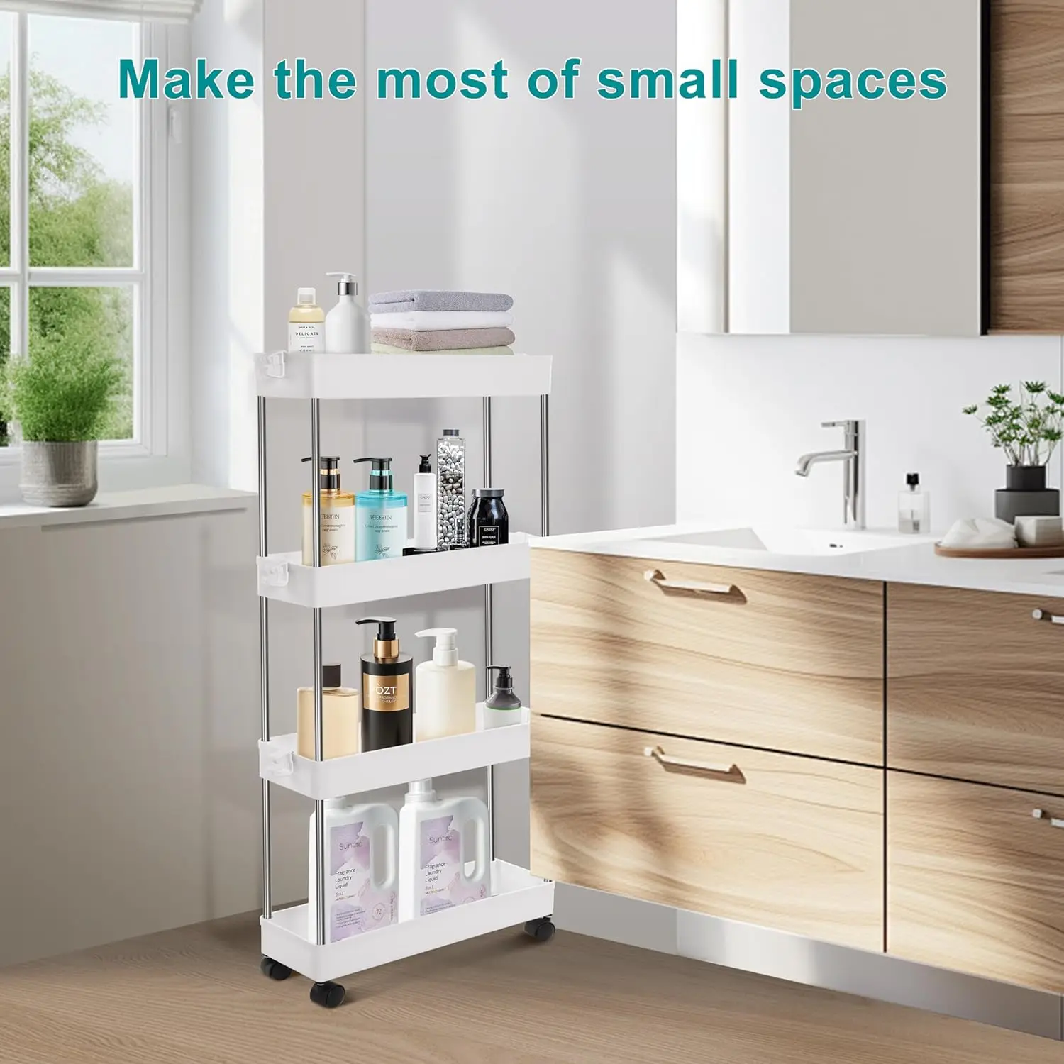 YSSOA Rolling Storage Cart, 4 Tier Slim Mobile Shelving Unit for Storage,360° Rotating Wheel Lockable Utility Cart,Great for Off 3