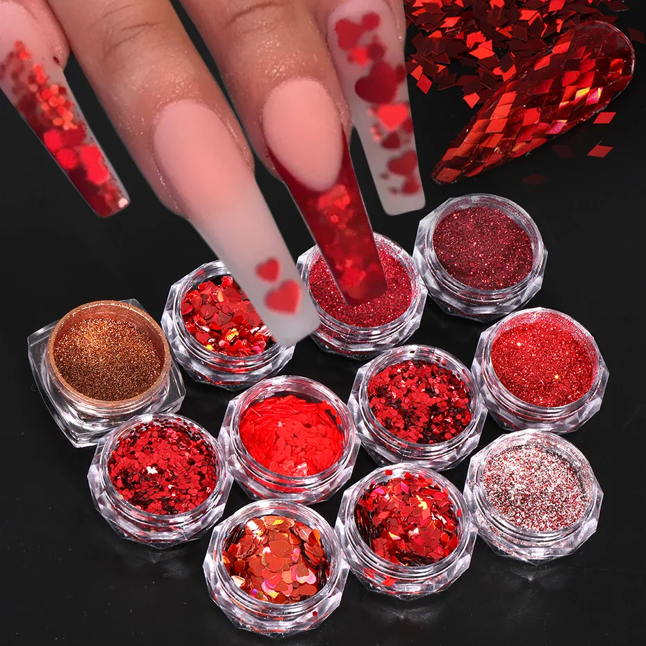 Red Glitter Nail Power Mirror Chrome Pigment Dust Love Heart Cherry  Blossoms Flakes Holographic Sequins Nail Art Decoration BEFG
