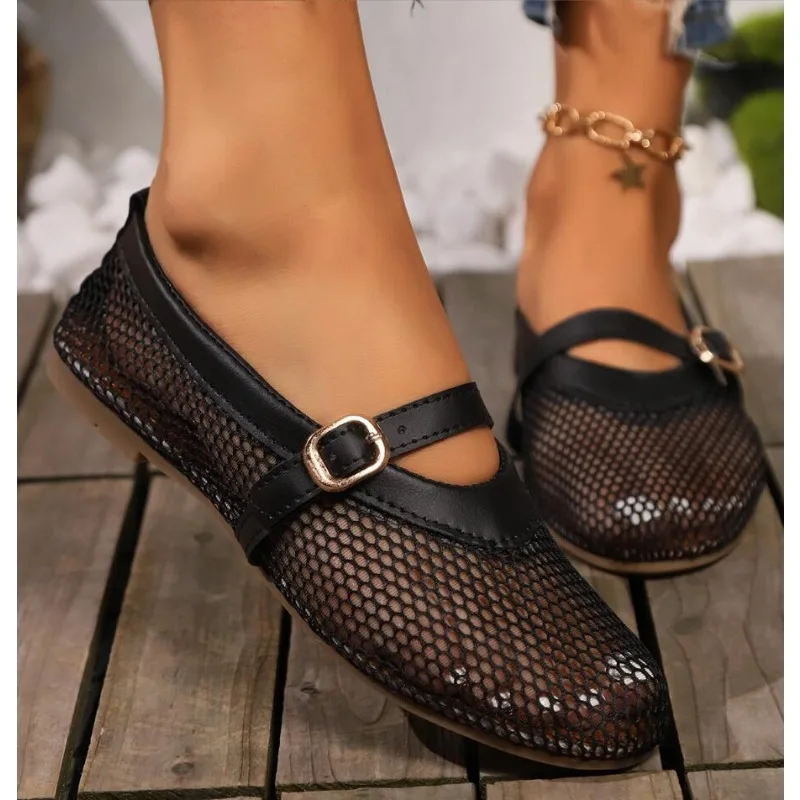 New 2024 Hollowed Out Women's Flat Shoes Leather Buckle Spring and Summer Fashion Moccasins Mary Jane Ballet Flats Women 6
