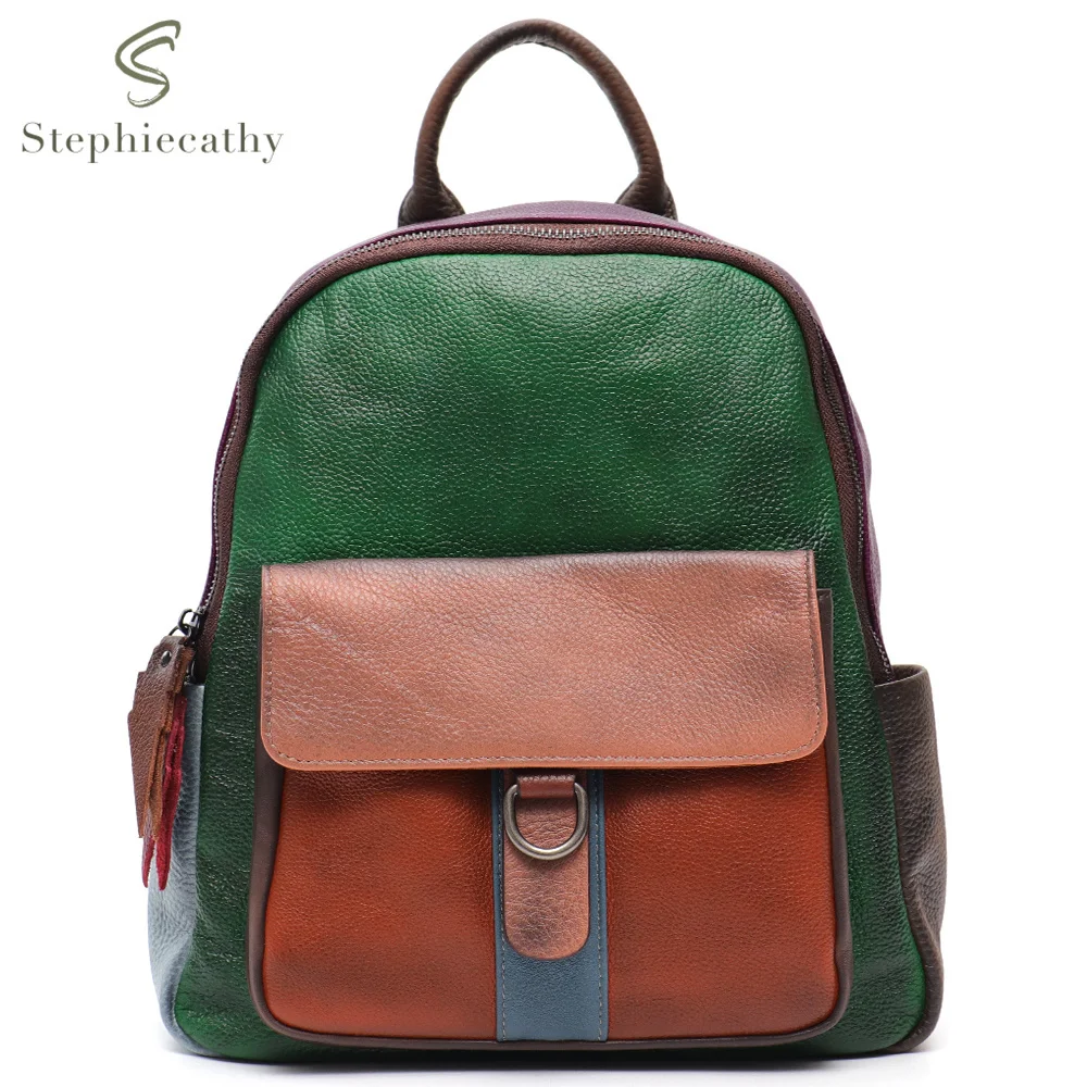 

SC Women Designer Colorful Leather Patchwork Casual Backpack Genuine Cowhide Shoulder Bag Female Functional Large Knapsack Retro