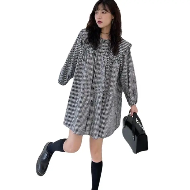 Turn-Down Collar Pregnant Women Blouse Autumn Long Sleeve Loose Single-breasted Maternity Plaid Shirts Black Clothes maternity tops