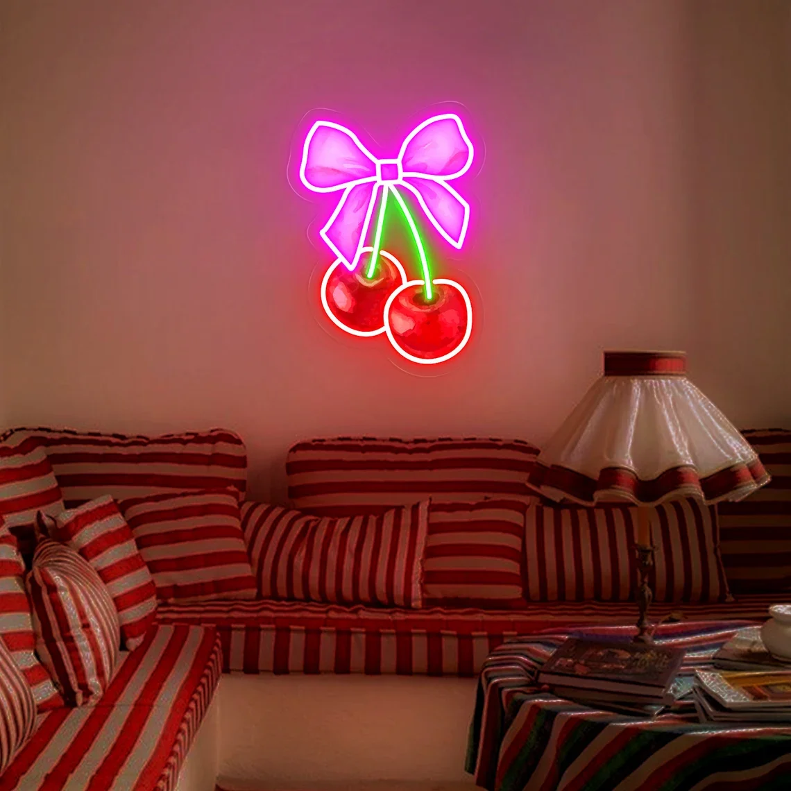 Coquette Cherry Bow Neon Sign Cherry sign Feminine Coquette Pink Bow Soft Girl Bedroom Decor Ribbon Trendy Wall Art