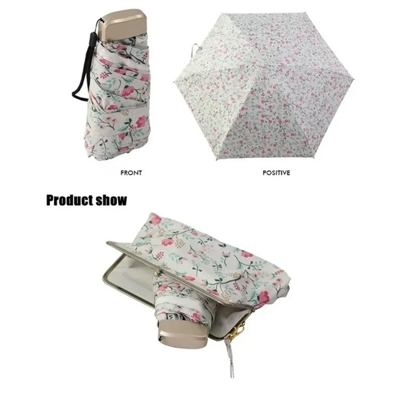 Women Ultralight Mini Flat Handle Five Fold Umbrella Floral Sunny and Rainy Umbrella Rain With Storage Handbag