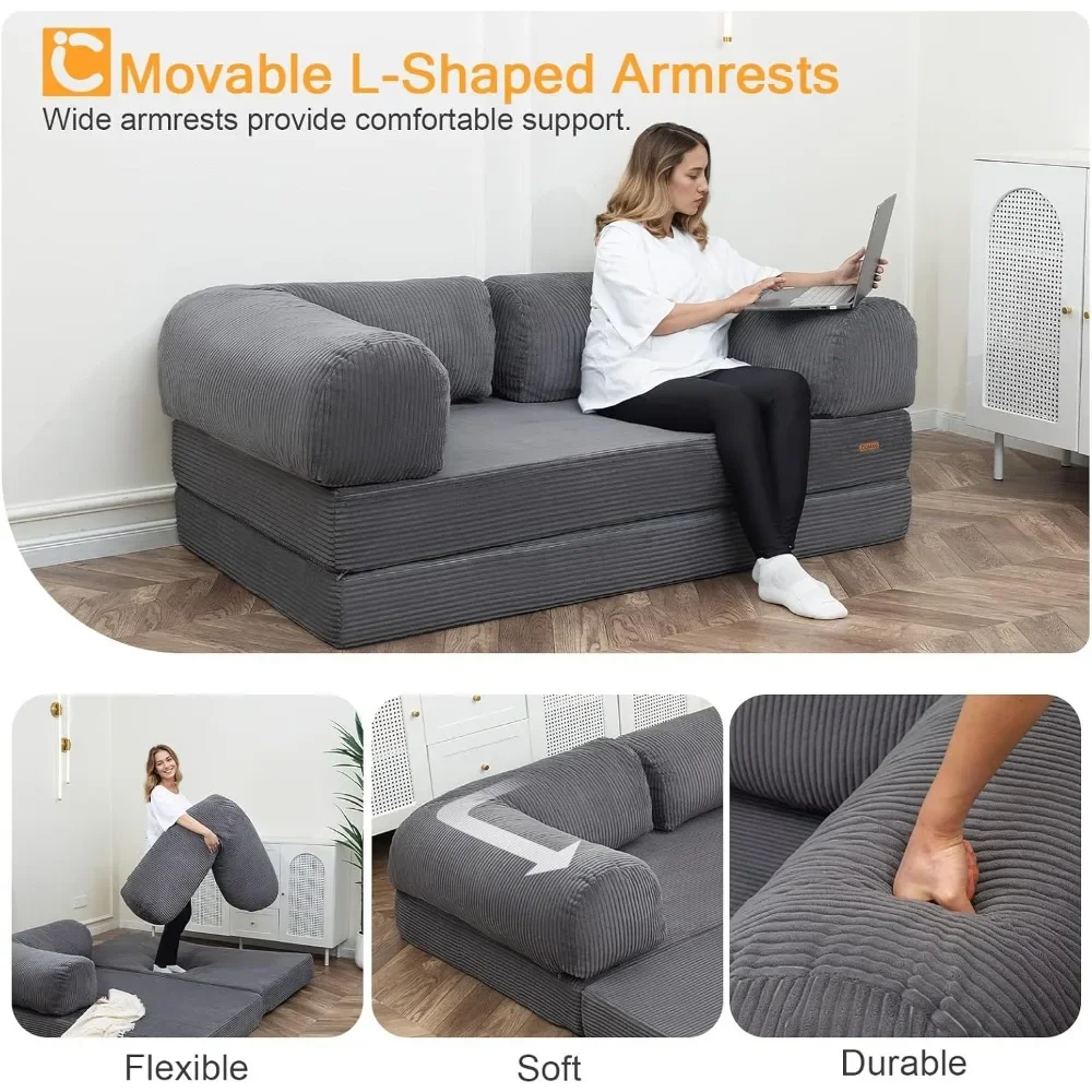 NEW-Futon Sofa Bed, 4-in-1 Floor Foldable Sofa Couch Bed Queen with L-Shaped Armrests, Convertible Folding Chair Bed Sleeper Mat