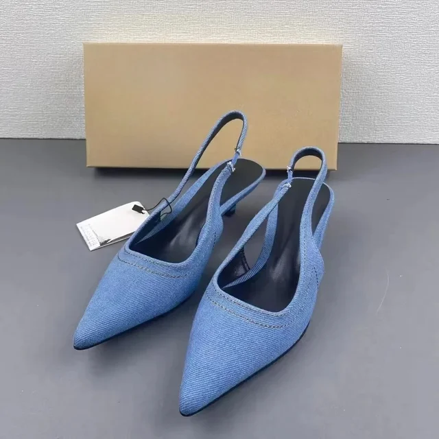 Woman Y2K Denim Heeled Pumps Fashion Pointed Toe Stiletto Blue Shoes Solid Slingback Sandals Women 2024 Summer Office Lady Heels 1