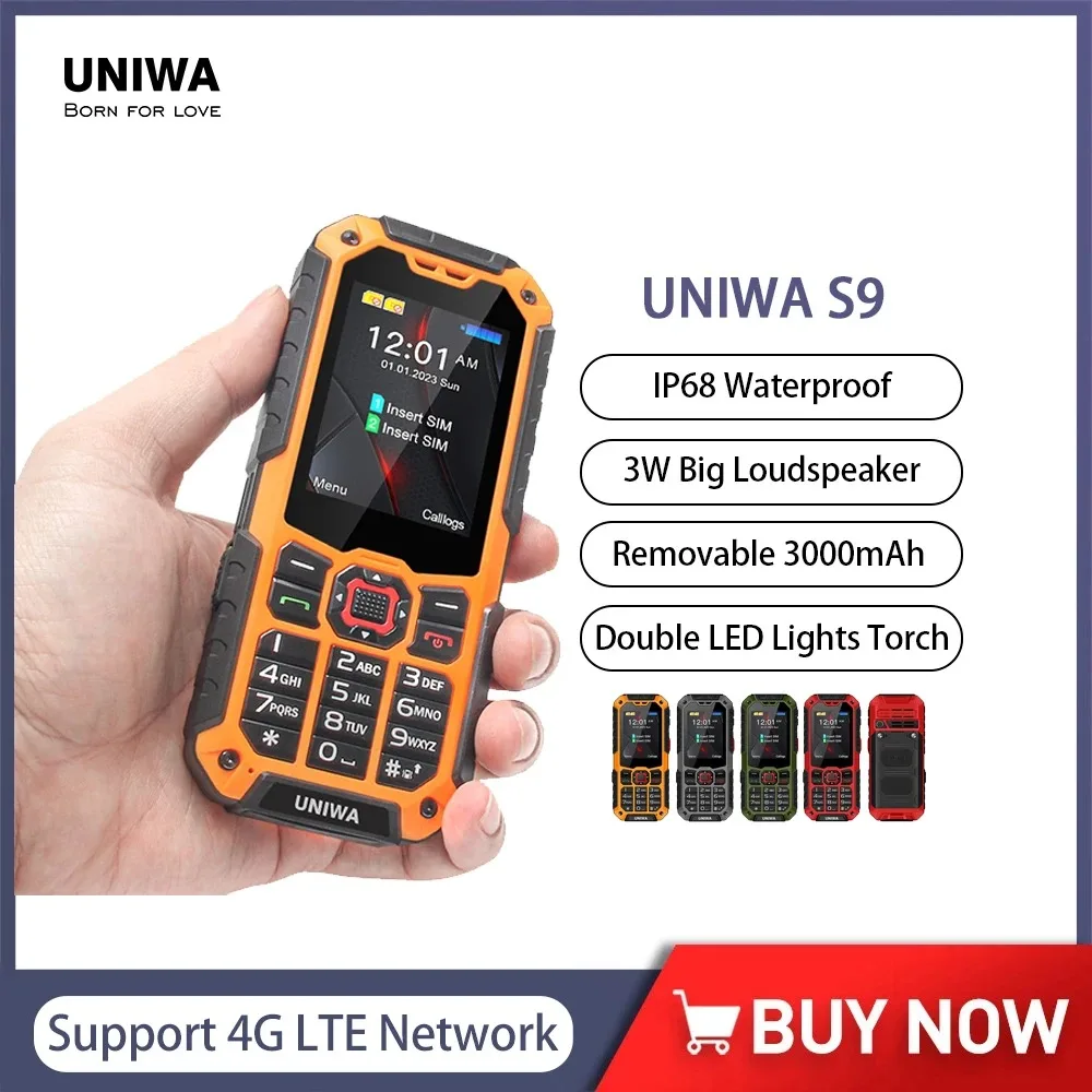 

New UNIWA S9 4G Feature Phone 2.4Inch IP68 Waterproof SOS Button 3W Big Loudspeaker LED Light 3000mAh Battery Rugged Cell Phones