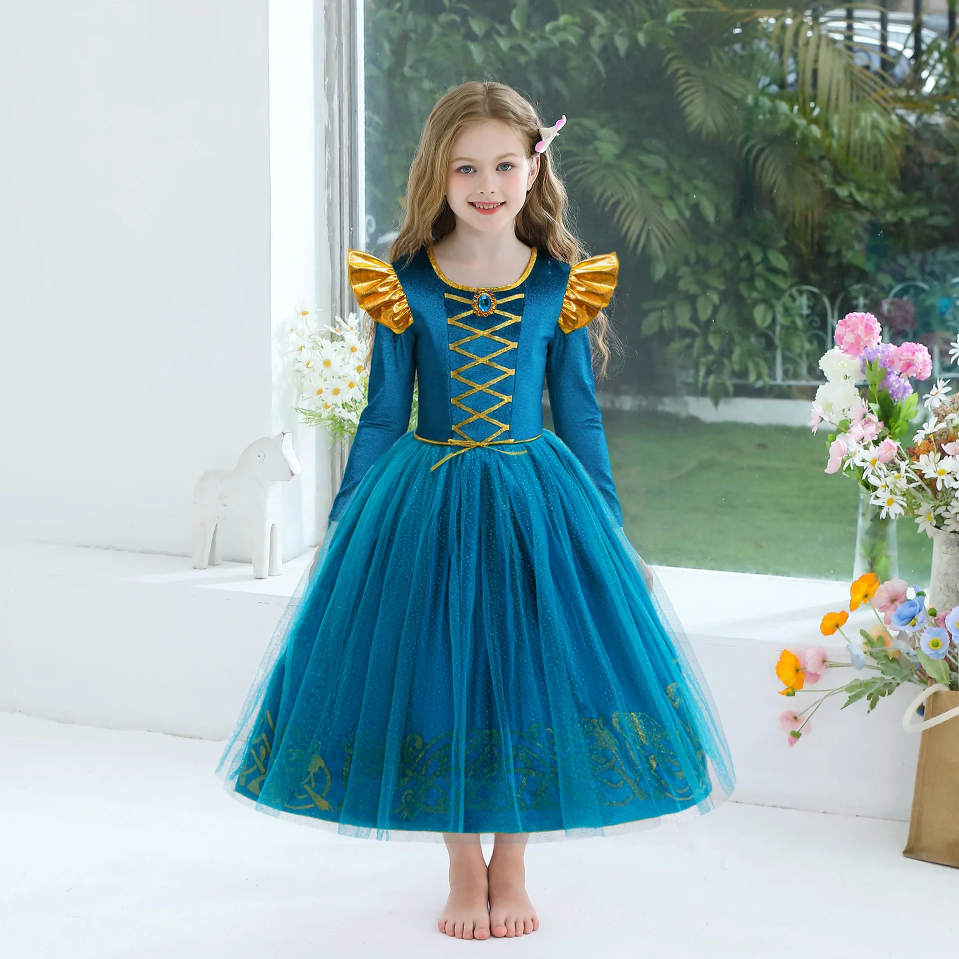 Girls Brave Princess Merida Costume Dress - Long Sleeve Velvet Gown For Ages 2-11, Halloween & Girls Brave Princess Merida Costume Dress - Long Sleeve Velvet Gown For Ages 2-11, Halloween &
