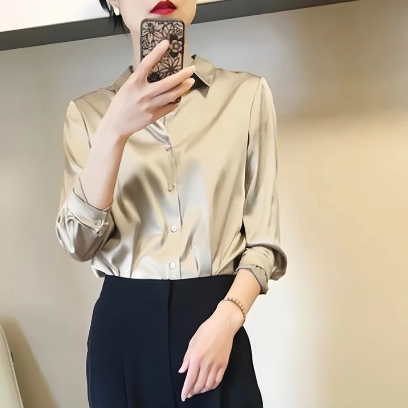 Camisas y blusas con acabado satinado que combinan con todo para mujer, Top informal OL de manga larga con botones, camisas elegantes, blusas francesas sólidas - Imagen 3