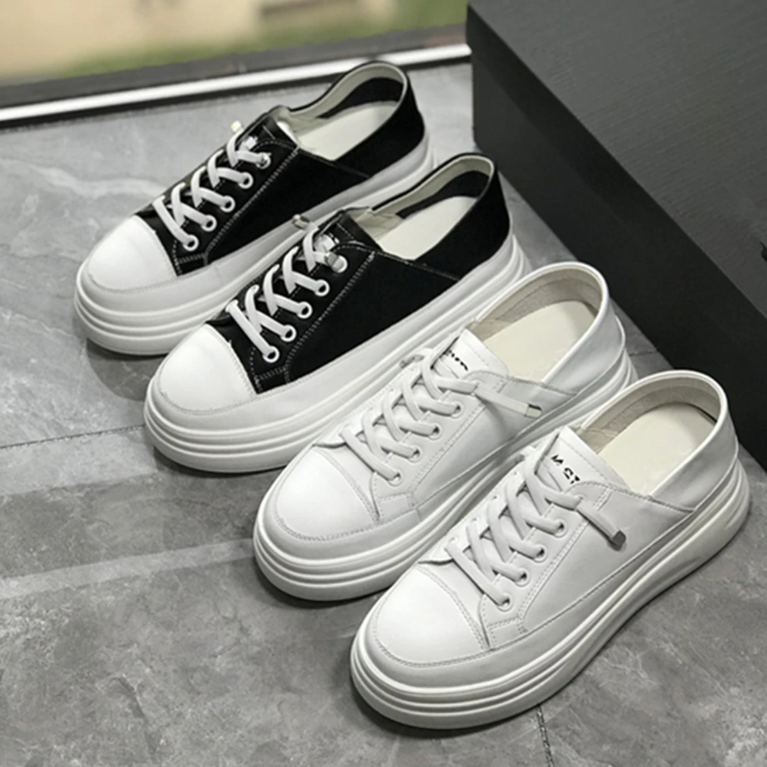 

Dave&Di Vintage Women's Shoes Fashionable Block Genuine Color Leather Vulcanized Shoes Comfortable Thick Sole Sneakers Women