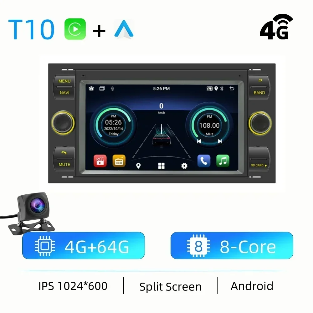 Autoradio Android 13 Pour Ford Transit 2006-2011, 7 Pouces 4+64G Poste Radio Voiture Bluetooth, Avec CarPlay Intégré, Android Auto, GPS, WiFi, FM, SWC, Mirror Link, écran Partagé + Caméra De Recul AHD