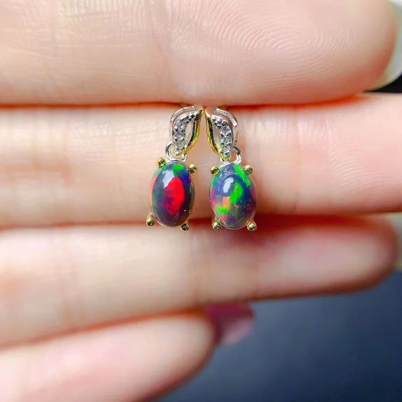 

YULEM Natural Black Opal Earring 5*7mm Simple Design Exquisite Beautiful Fire Colours, 925 Pure Silver Hot Selling