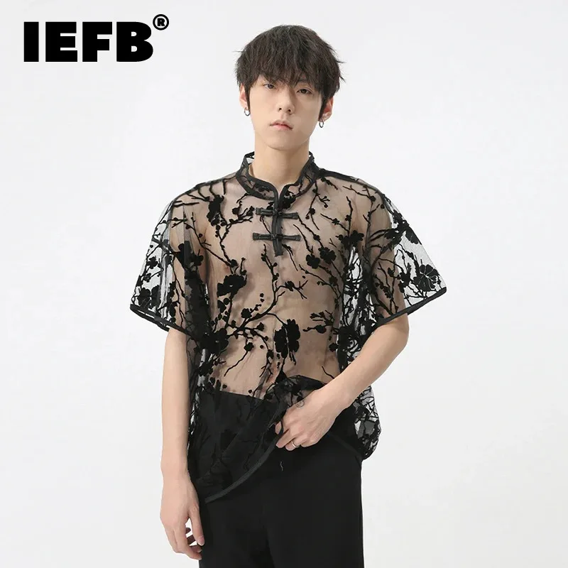 

IEFB Chinese Style Men's Shirt 2024 Summer New Trendy Perspective Thin Mesh Design Frog Neckline Short Sleeve Loose Top 9C5833