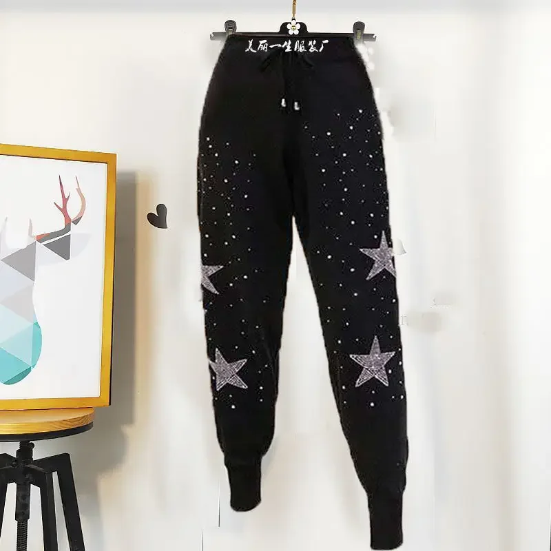 2021 Autumn New Women's Korean Version of The Nine-point Lace-up Stretch Black Hot Diamond Pants High-waisted Harem Sweatpants