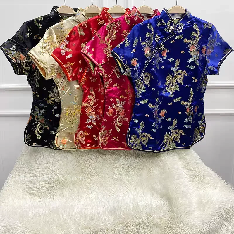 Brocade Dragon Phoenix Costume Chinese Style Qipao Top Lady Elegant Tang Clothes Silk Women's Slime Costumes Vintage Blouse