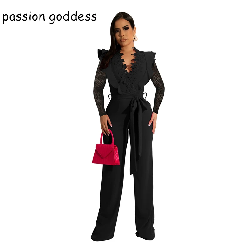 New Fashion 2022 Summer Long Sleeve Lace Stitching Deep V Neck Elegant Jumpsuit Ruffles Sexy White Straight Jumpsuit Overalls
