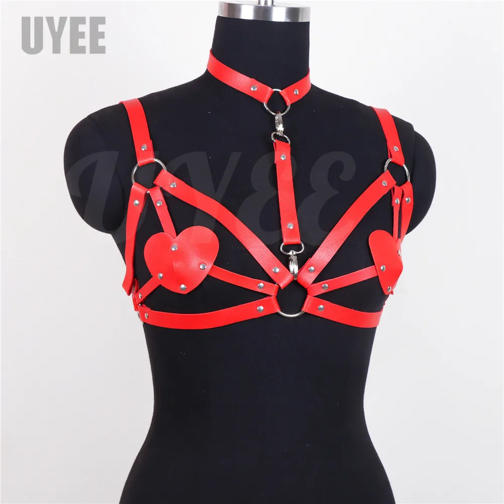 erotic lingerie Sexy Women Harness Bra PU Leather Heart Chest Patch Rave Outfit