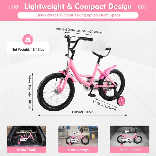 Vélo pour enfants de 16 pouces avec roue d'entraînement pour enfants de 5 à 8 ans, roulement de vélo réglable en hauteur de 100 à 135cm, 50KG 1